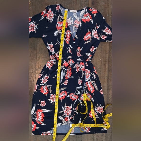 Gilli Small Navy & Coral Floral Midi Wrap Dress Elastic Waist Flattering Flowy - Picture 7 of 7